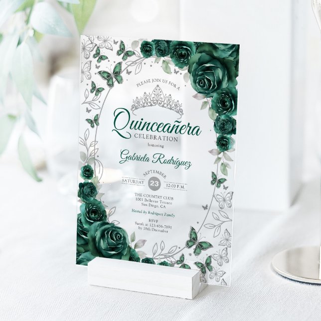 Invitations En Acrylique Emerald Green Silver Floral Quinceanera (Créateur téléchargé)