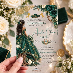Invitations En Acrylique Emerald Green White Floral Charro Quinceanera