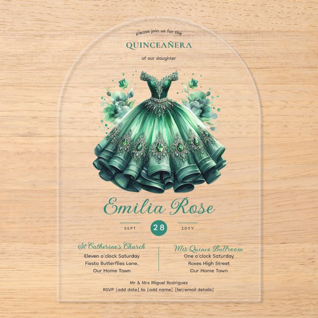 Invitations En Acrylique Emerald Sweet15 QUINCEANERA Robe verte clair (Recto)