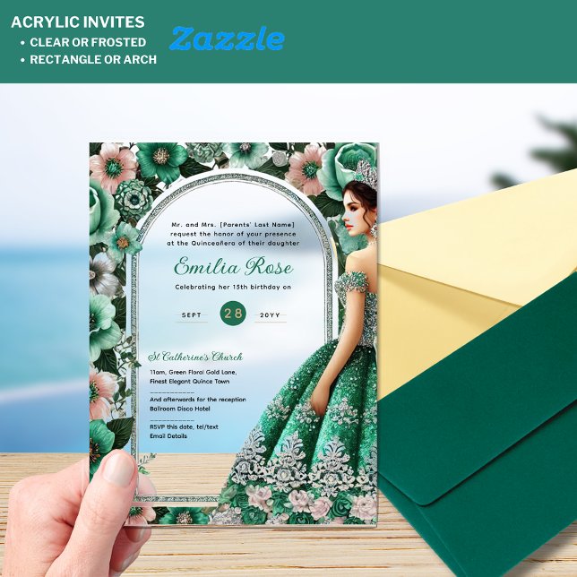 Invitations En Acrylique Émeraude Vert Argent Quince Fleurs Tiara (Créateur téléchargé)
