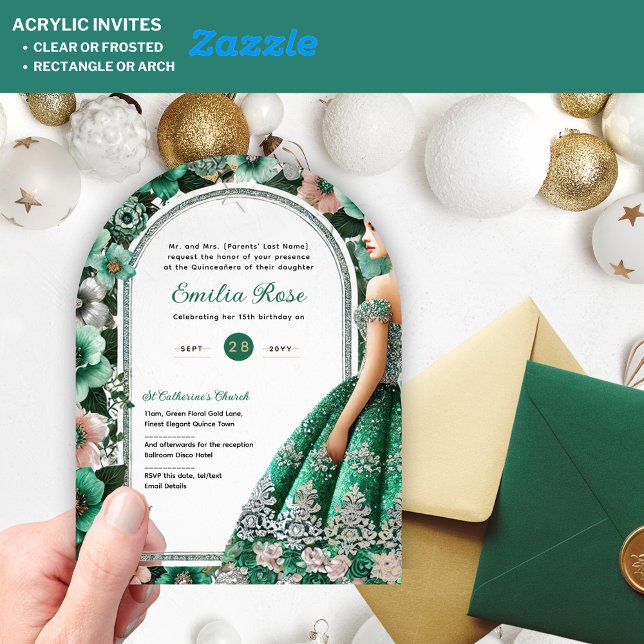 Invitations En Acrylique Émeraude Vert Argent Quince Fleurs Tiara (Créateur téléchargé)