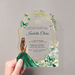 Invitations En Acrylique Émeraude verte et or floral princesse Quinceanera