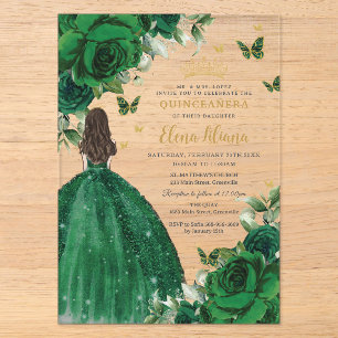 Invitations En Acrylique Emeraude verte Florale Princesse Quinceañera Sweet