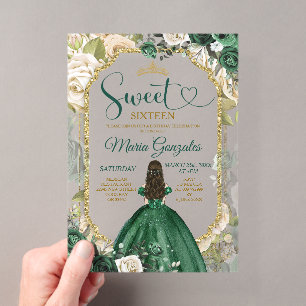 Invitations En Acrylique Emeraude Verte Sweet 16 Quinceañera Pailleté Flora