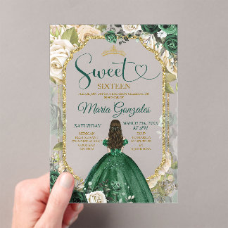 Invitations En Acrylique Emeraude Verte Sweet 16 Quinceañera Pailleté Flora