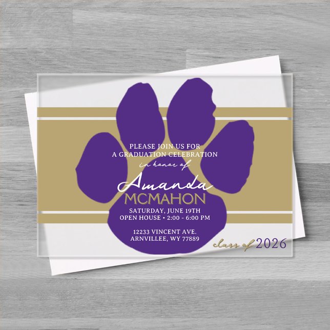 Invitations En Acrylique Empreinte d'or et de pourpre en bronze unique (Purple and Bronze Gold Frosted Acrylic Pawprint Graduation Invitation)