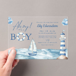 Invitations En Acrylique En mer, c'est un garçon, douche bébé bleu marine