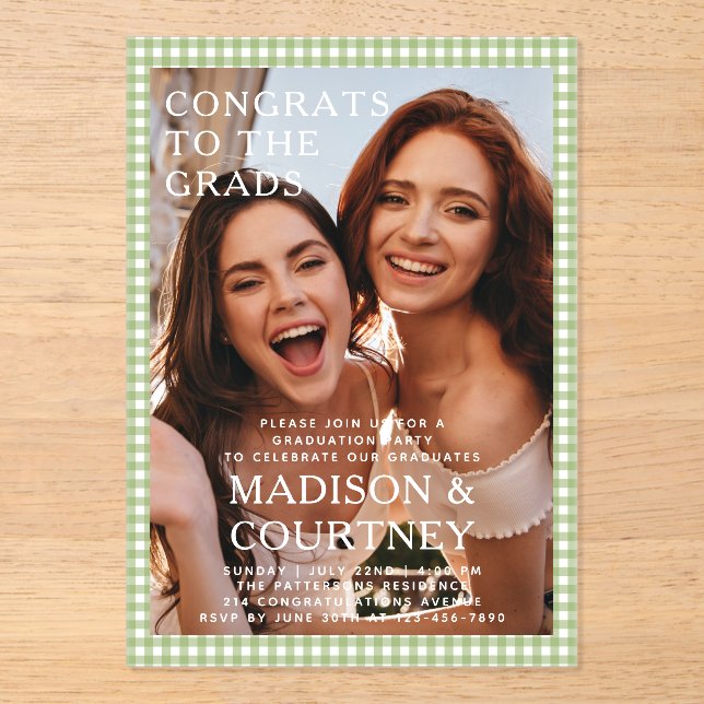 Invitations En Acrylique En vichy Vert moderne Photo Graduation Party (Recto)