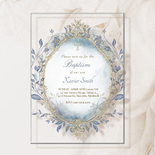 Invitations En Acrylique encadrement beige aquarelle bleue baptême garçon