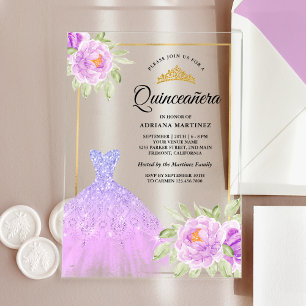Invitations En Acrylique Éperche Gown Lilac Plaine Florale d'or Quinceanera