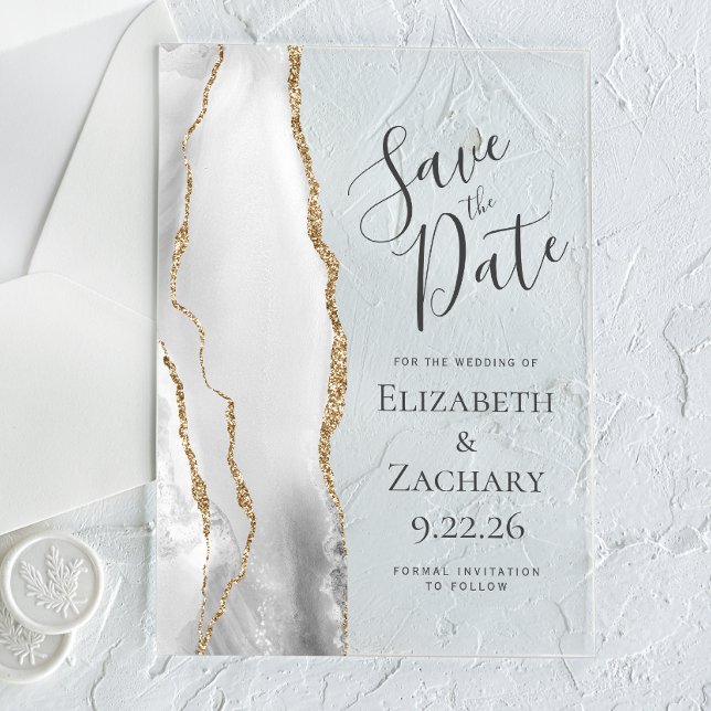 Invitations En Acrylique Épingle de mariage moderne grise blanc or agate (Créateur téléchargé)