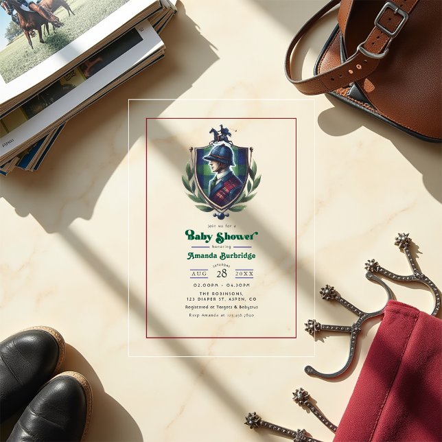 Invitations En Acrylique Equestrio Polo Crest Luxury Preppy Baby shower (Equestrian Polo Crest Luxury Preppy Baby Shower Acrylic Invitations)