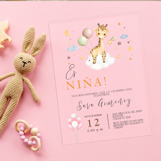 Invitations En Acrylique Espagnol Baby Girl Douche Giraffe Avec Ballons (Spanish Baby Girl Shower Giraffe With Balloons Acrylic Invitations)