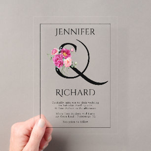 Invitations En Acrylique Esperluette et bouquet de roses roses mariage