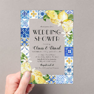 Invitations En Acrylique Été Positano Carreaux Bleus Citron Wedding shower