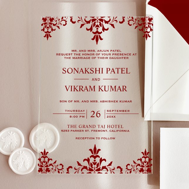 Invitations En Acrylique Ethnic Red Damask Indian Wedding (Créateur téléchargé)