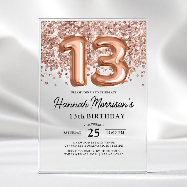 Invitations En Acrylique Étincelle 13e anniversaire Rose Gold Balloons Part (Créateur téléchargé)