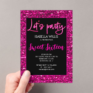 Invitations En Acrylique Étincelles roses chaudes Sweet 16 néon laisse la f