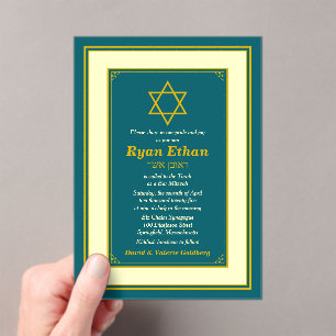 Invitations En Acrylique Etoile turquoise et or de David Bar Mitzvah