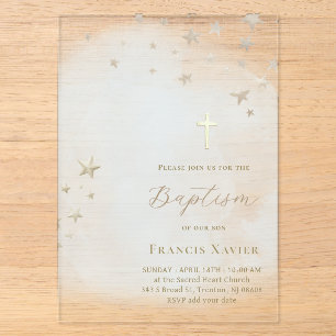 Invitations En Acrylique étoiles beiges sur nuage bleu pastel Baptême