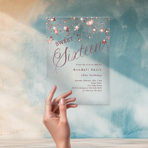 Invitations En Acrylique Étoiles de script en or rose moderne Sweet 16 clai