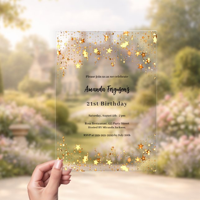 Invitations En Acrylique Étoiles dorées d'anniversaire transparentes (Créateur téléchargé)