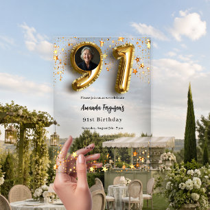 Invitations En Acrylique étoiles dorées photo claire 91e anniversaire