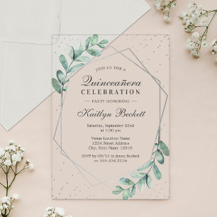 Invitations En Acrylique Eucalyptus Argent Géométrique Quinceañera Annivers
