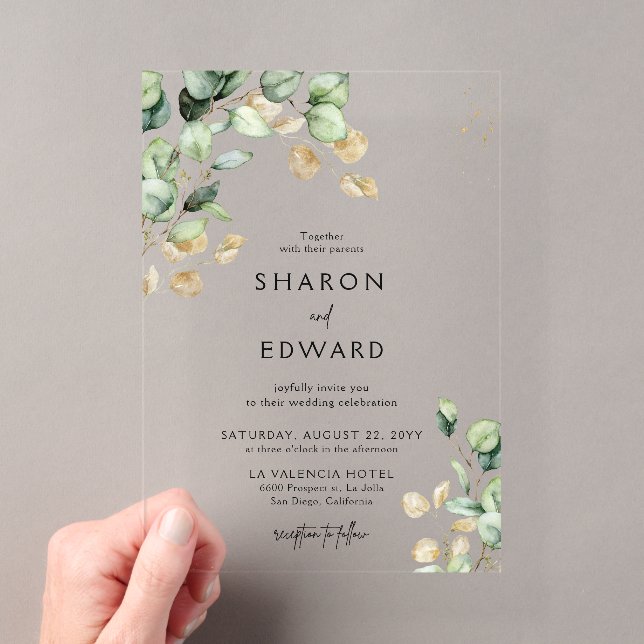 Invitations En Acrylique Eucalyptus Botanique Verdure & Mariage Gold Chic (In situ (ordinateur de poche))