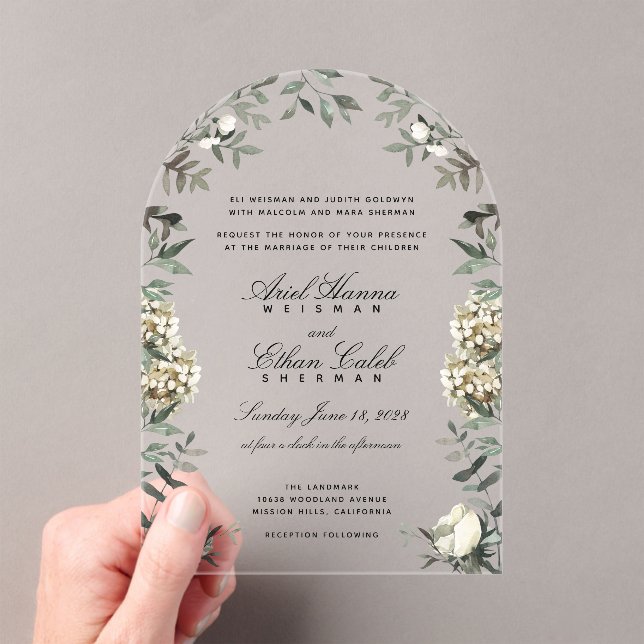Invitations En Acrylique Eucalyptus Ferns Fleurs blanches Emplacements Surn (In situ (ordinateur de poche))