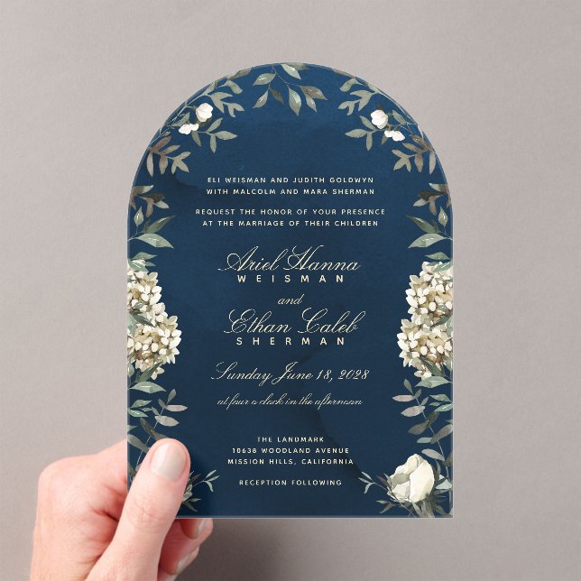 Invitations En Acrylique Eucalyptus Ferns White Flowers Navy Archway (In situ (ordinateur de poche))