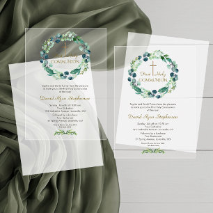 Invitations En Acrylique Eucalyptus Foliage Wreath Cross Garçon Sainte Comm