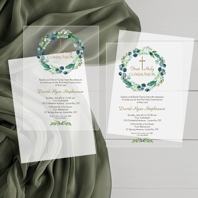 Invitations En Acrylique Eucalyptus Foliage Wreath Cross Garçon Sainte Comm (Créateur téléchargé)