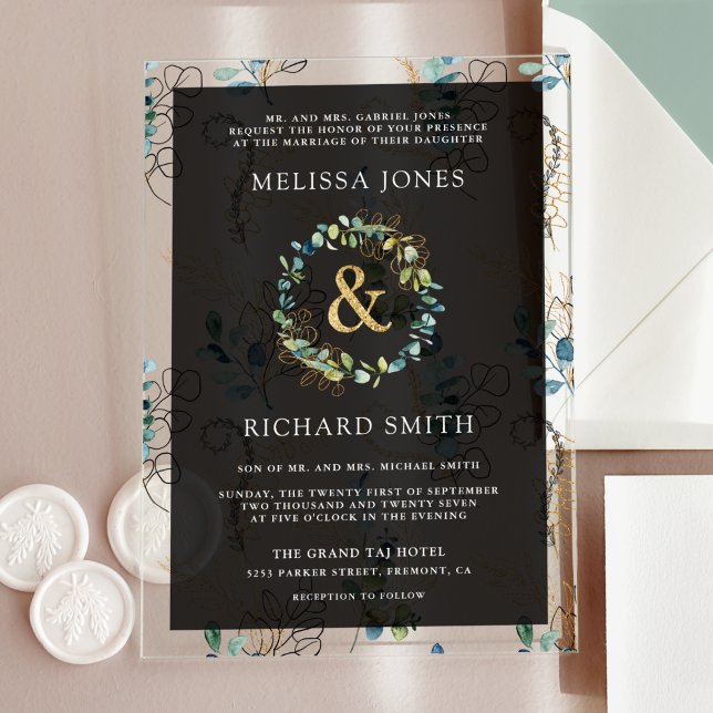Invitations En Acrylique Eucalyptus Gold Ampersand Black Wedding (Créateur téléchargé)