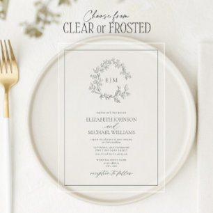 Invitations En Acrylique Eucalyptus Green Leafer Crest Monogram Mariage