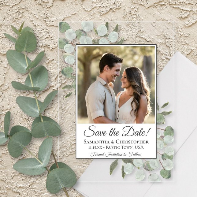 Invitations En Acrylique Eucalyptus & Green Photo Wedding Enregistrer la da (Clear Acrylic with Rectangle Cut)