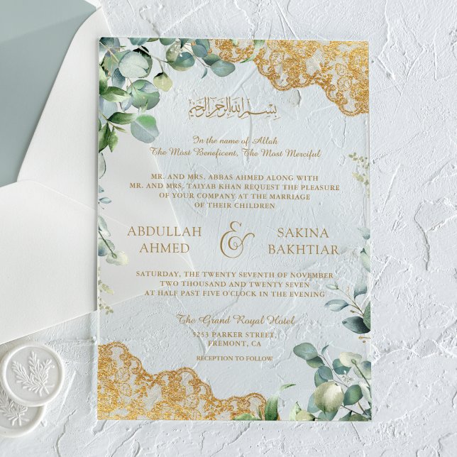Invitations En Acrylique Eucalyptus Leaves Gold Lace Muslim Wedding (Créateur téléchargé)