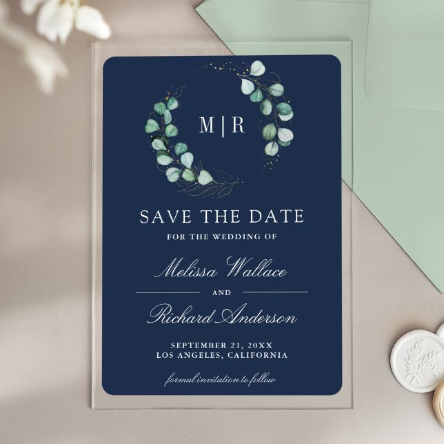 Invitations En Acrylique Eucalyptus Monogramme Mariage Navy Enregistrer la  (Créateur téléchargé)
