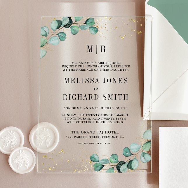 Invitations En Acrylique Eucalyptus Or Monogramme Formel Mariage (Créateur téléchargé)