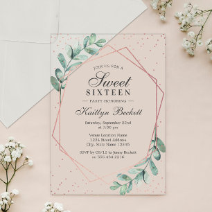 Invitations En Acrylique Eucalyptus Rose Gold Géométrique Sweet Sixteen
