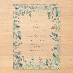 Invitations En Acrylique Eucalyptus rustique Enregistrer la date