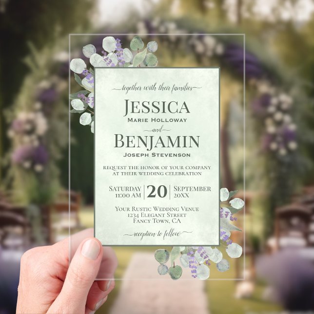 Invitations En Acrylique Eucalyptus Rustique & Lavande Mariage Texte Élégan (Clear Acrylic with Rectangle Cut)