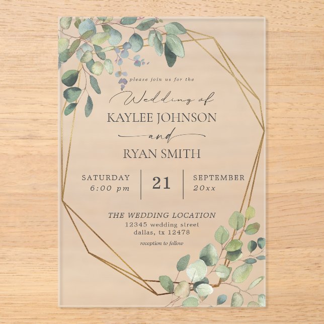 Invitations En Acrylique Eucalyptus rustique & Mariage de trame or (Recto)