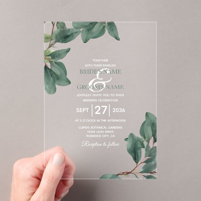 Invitations En Acrylique Eucalyptus Vert clair Mariage transparent (In situ (ordinateur de poche))