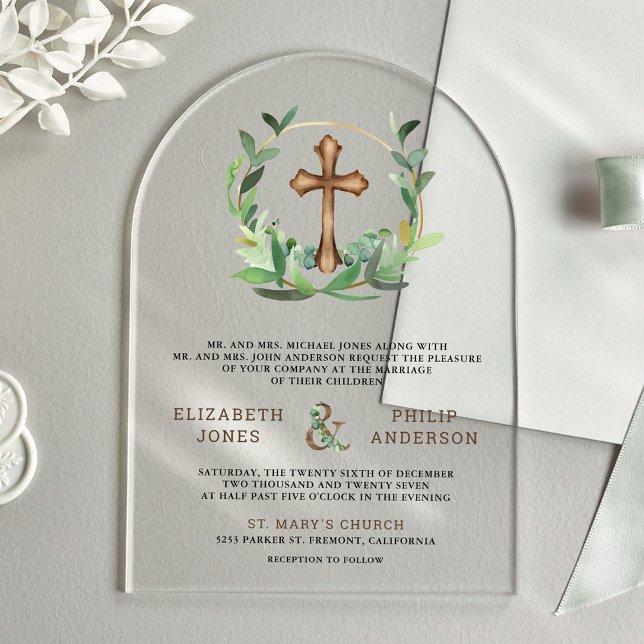 Invitations En Acrylique Eucalyptus Wood Cross Catholic Wedding (Créateur téléchargé)