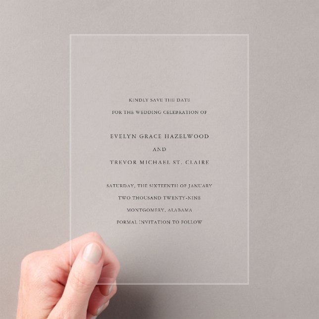 Invitations En Acrylique Evelyn Simple Elegant Wedding Enregistrer la date (In situ (ordinateur de poche))