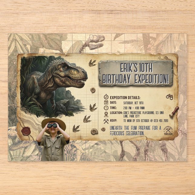 Invitations En Acrylique Expédition d'anniversaire de dinosaure T Rex Avent (Recto)