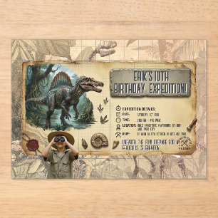 Invitations En Acrylique Expédition Dino Spinosaurus pour les 10 ans d'un g