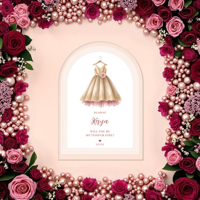 Invitations En Acrylique Exquisite Lovely Flower Girl Dress in Pink & Gold  (Exquisite Lovely Flower Girl Dress in Pink & Faux Gold Proposal Acrylic Cards with Corner Arch Style)