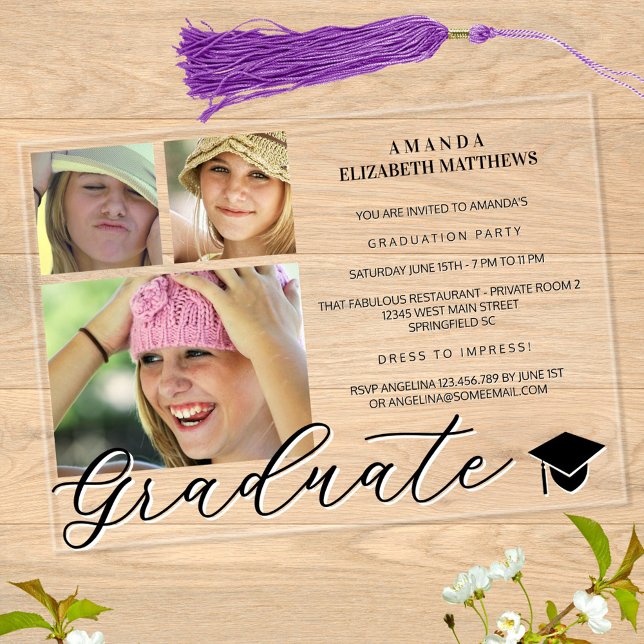 Invitations En Acrylique Faire à la mode Script 3 Photo Noir et Blanc Gradu (This three photo collage design with a girly script detail celebrates your graduate in style)